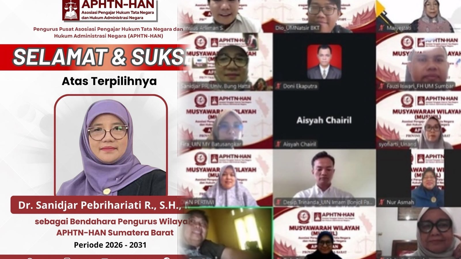 Dekan FH Universitas Bung Hatta Terpilih sebagai Bendahara APHTN-HAN Sumbar Masa Bakti 2026–2031