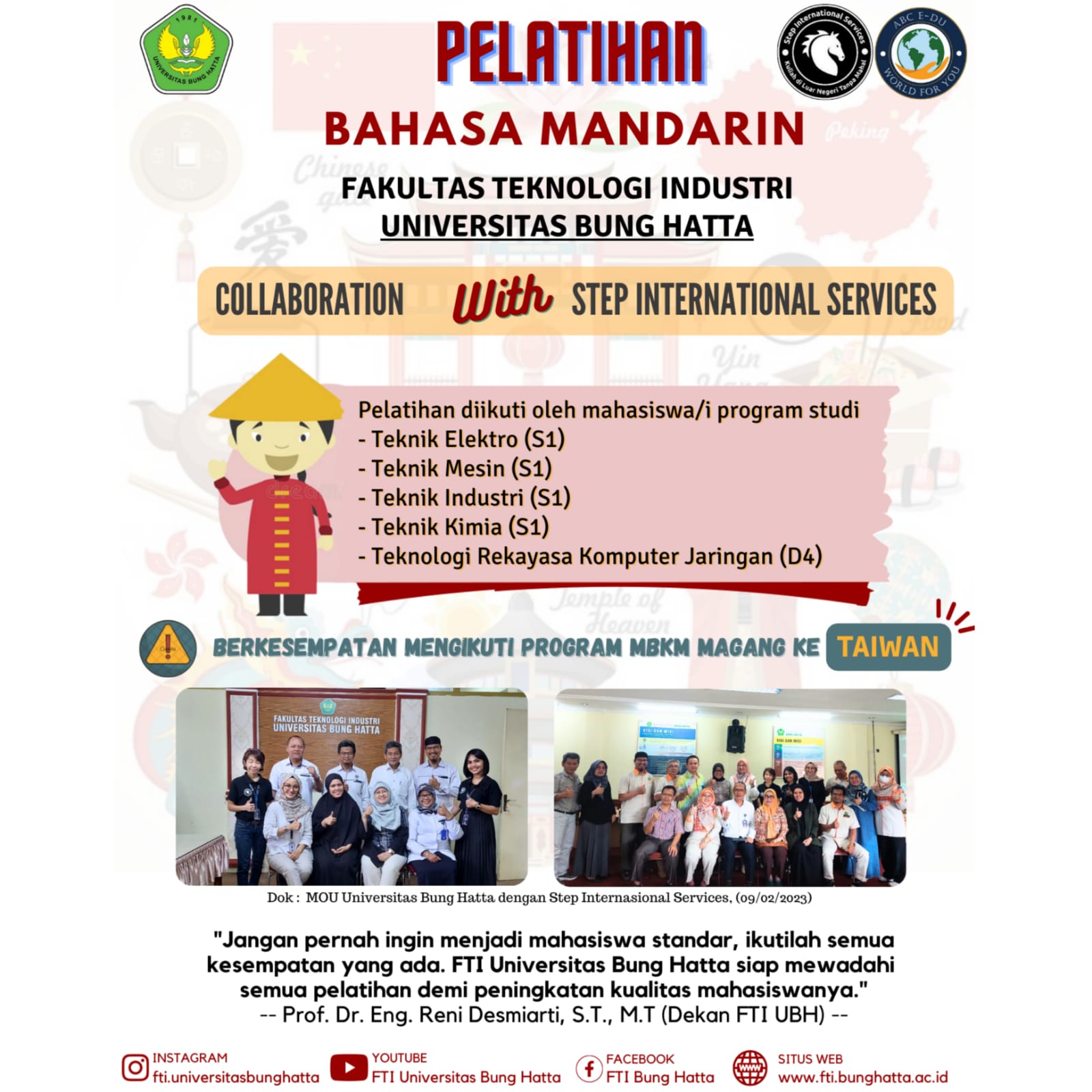 Persiapan Magang ke Taiwan, Mahasiswa FTI dan FTSP Bakal Ikuti Pelatihan Bahasa Mandarin