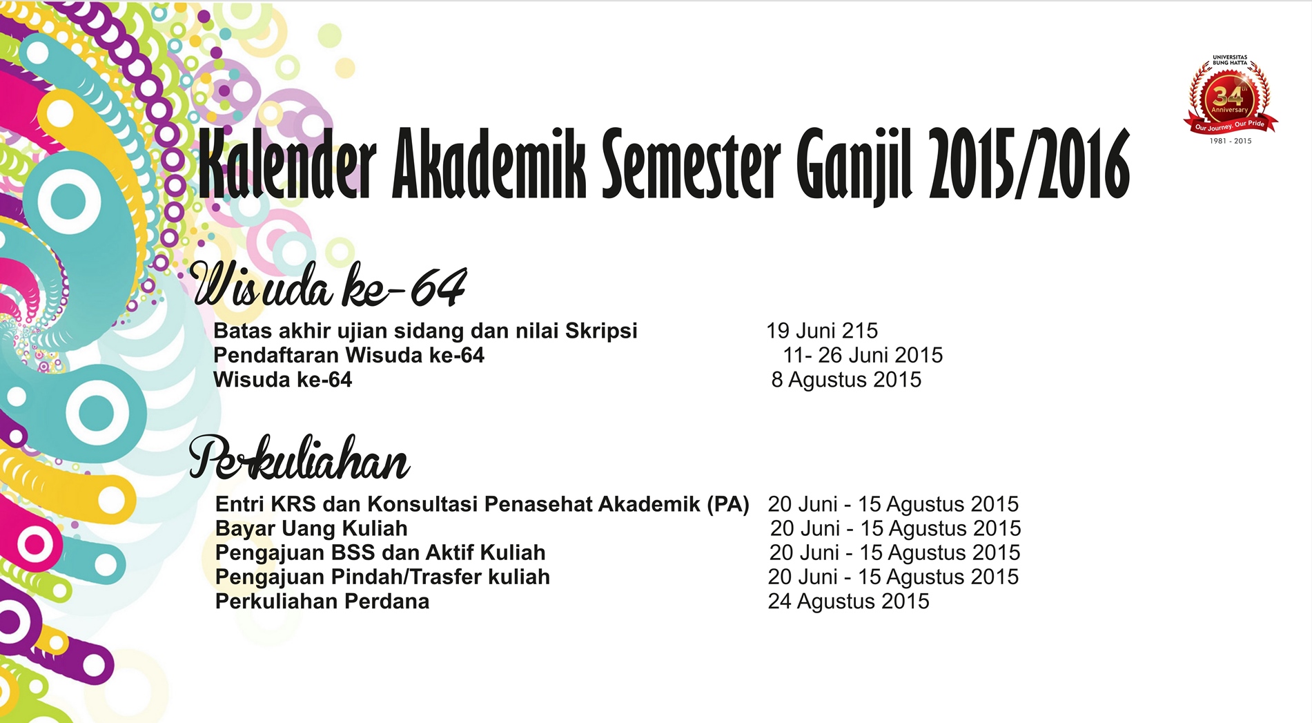 Kelender Akademik Universitas Bung Hatta Semester Genap Tahun Akademik 2014/2015