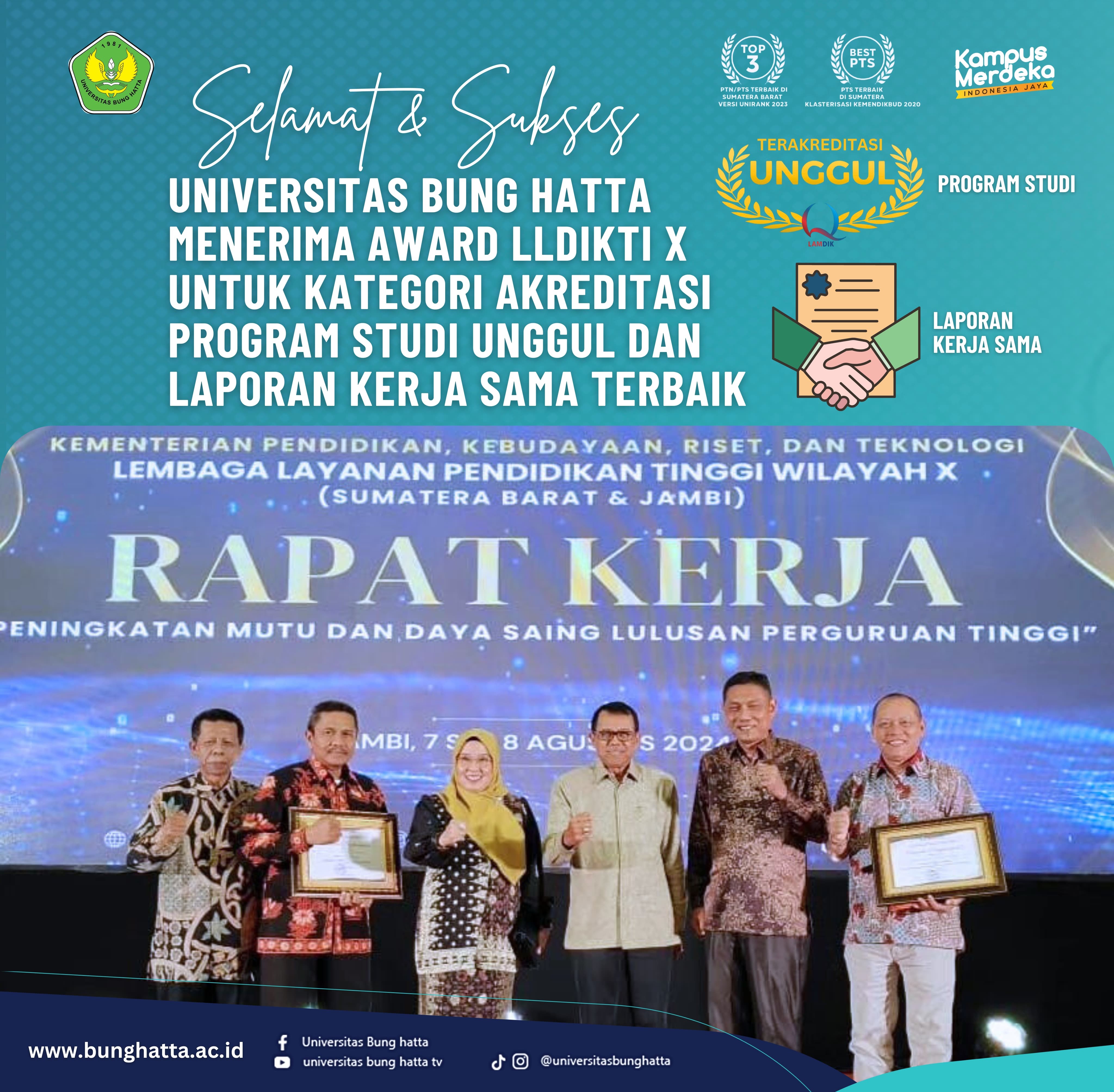 Universitas Bung Hatta Terima Award Kategori Program Studi Unggul dan Laporan Kerjasama Terbaik Dari LLDIKTI X